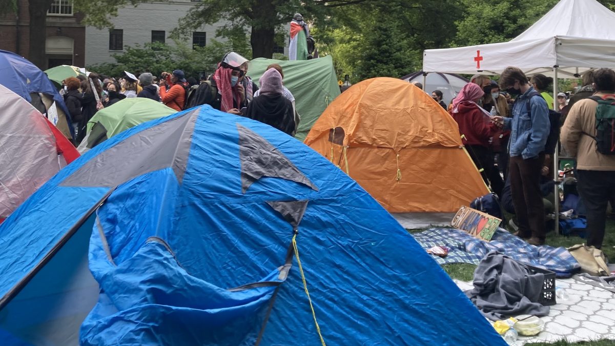 Palestine protester tents on the lawn of George Washington University's lawn with a statue wearing a flag in the background.